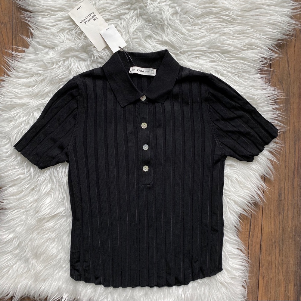 Zara Black Ribbed Knit Button Top